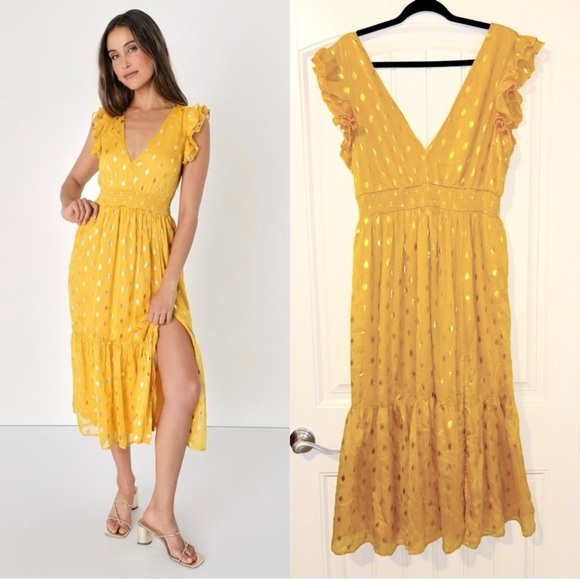NWOT Lulus Cause to Celebrate Yellow and‎ Gold Dot Ruffled Tiered Midi Dress - Picture 1 of 10